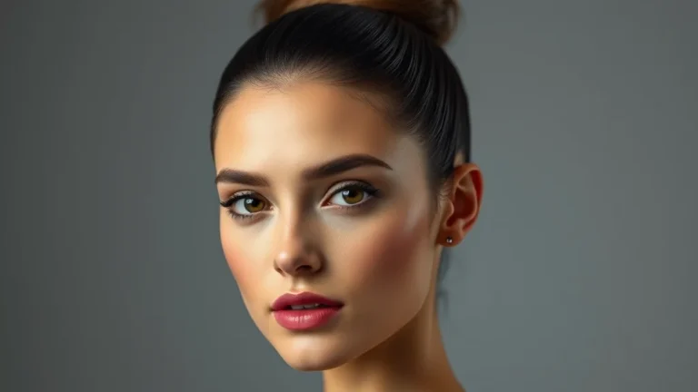 7 Secrets to Perfecting the Viral Clean Girl Makeup Look 10 A close-up portrait of a woman with a flawless, glowing complexion and her hair perfectly slicked back into a tight, professional bun.