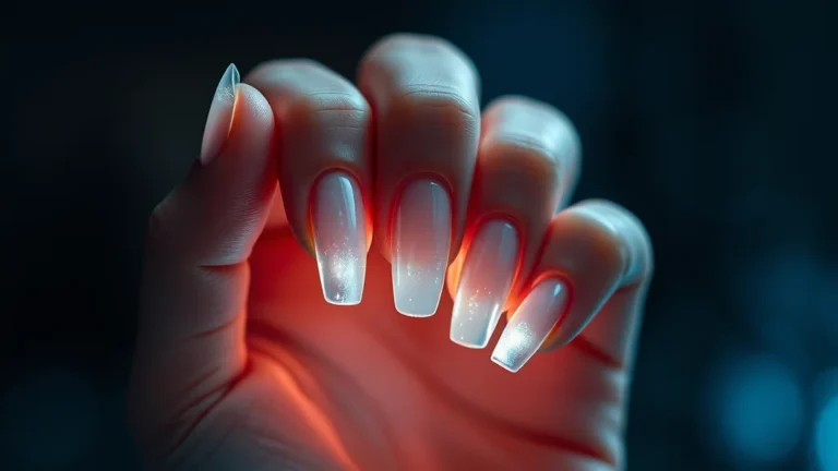 Bio-Adaptive Manicures: The Rise of Smart Nails in 2027 9 Close-up of a hand with glowing, bio-adaptive smart nails.