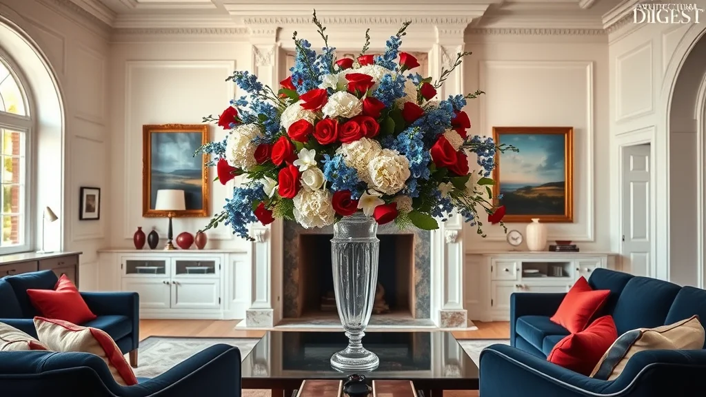 A luxurious living room featuring a large, vibrant arrangement of red roses, white hydrangeas, and blue delphiniums sitting on a marble fireplace mantel under warm, soft natural light.