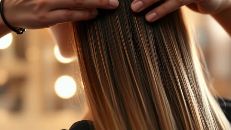 Bio-Synthetic Hair Integration: The 2027 Guide to Hybrid Hair Extensions 8 Professional stylist applying high-tech hybrid bio-synthetic hair extensions in a luxury salon.