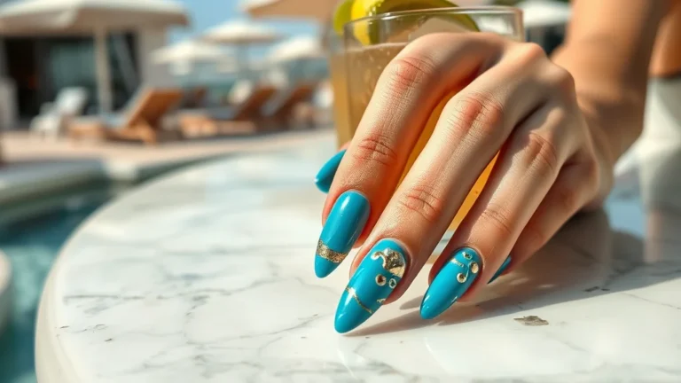Close-up of luxury almond-shaped nails featuring blue wave art and gold leaf while holding a glass on a marble table.
