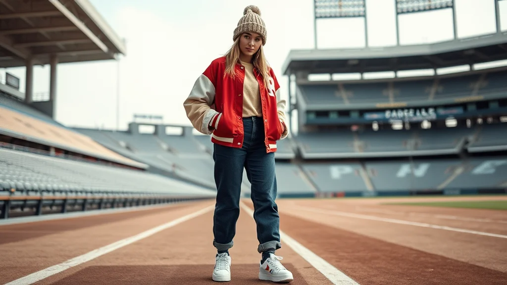 A stylish woman standing in a stadium wearing a navy varsity jacket, jeans, and a beanie, captured in a clear, full-body editorial style shot.