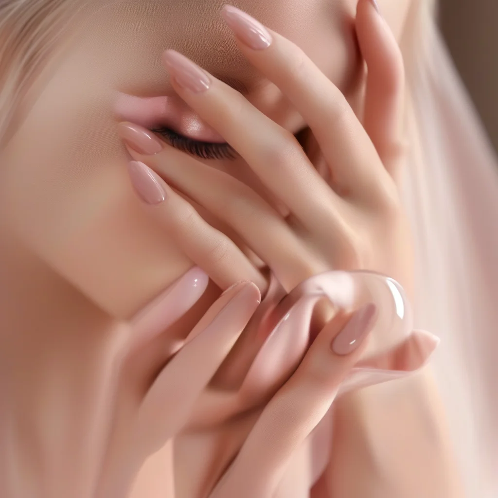 Close-up of a woman's hand with long, glossy almond nails featuring a modern pastel pink French tip, resting on white marble, exuding luxury and elegance. The light catches the subtle sheen of her nails.