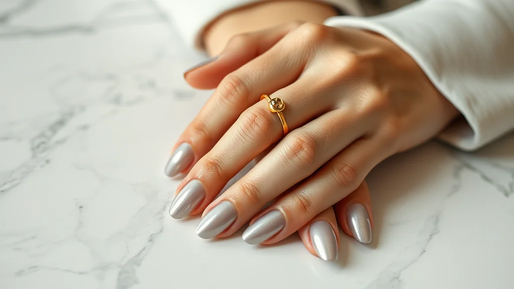 A close-up shot of a woman's hand on white marble, showcasing elegant almond-shaped nails with a smooth, mirror-like silver chrome finish.