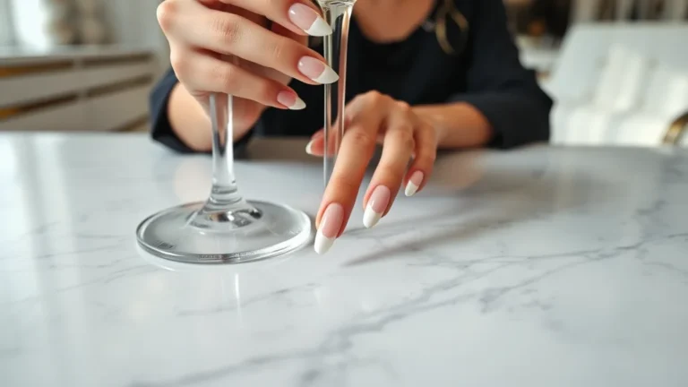 10 French Tip Nail Designs That Will Define Your Aesthetic This Year 3 A close-up view of elegant almond-shaped nails featuring a crisp white French tip, held by a woman against a luxurious marble background.
