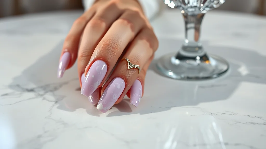 A close-up shot of elegant almond-shaped nails with a soft pearlescent finish and subtle lavender swirls resting on a marble surface.