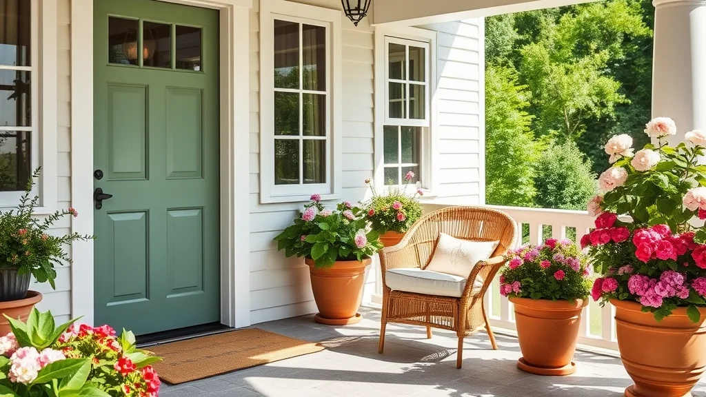 9 Summer Front Porch Decor Ideas That Will Make Your Neighbors Jealous 1 A luxurious, sun-drenched front porch featuring woven furniture, vibrant flowering plants in terracotta pots, and a sage green door, captured in a high-end architectural style.
