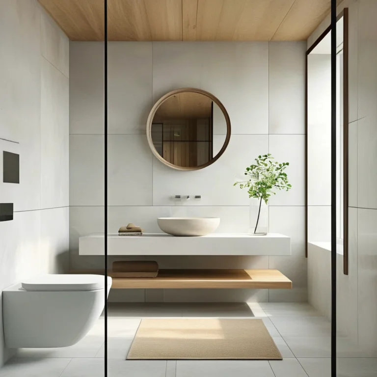 A beautifully styled small modern bathroom featuring light grey large-format tiles, a floating wooden vanity, and a large round mirror. A frameless glass shower enclosure and subtle lighting enhance the sense of spaciousness, with natural light illuminating a small plant on the vanity.