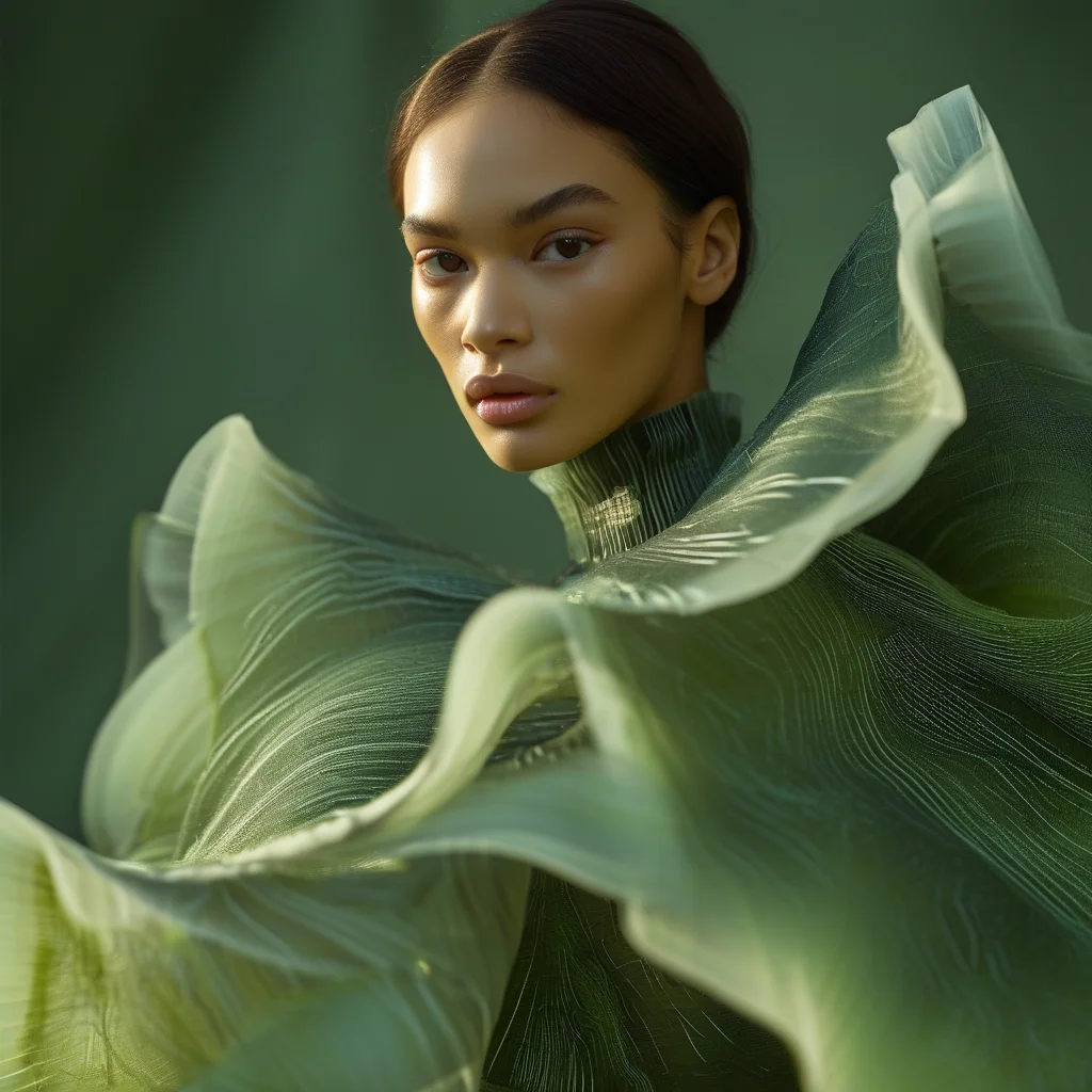 A high-fashion model wearing a luxurious, flowing garment made from innovative bio-textiles, blending natural textures with futuristic sheen, set against a backdrop of lush nature and subtle lab elements.