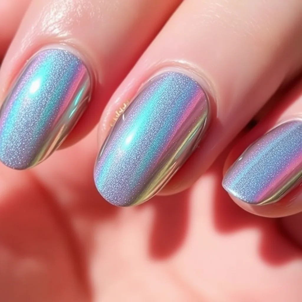 Close-up of high-shine iridescent chrome nail art design.