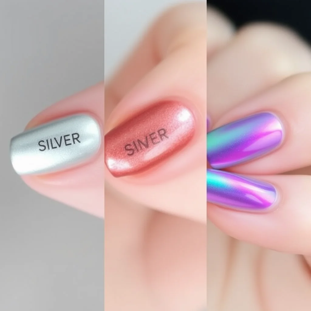 Comparison of silver, rose gold, and aurora chrome nail finishes.