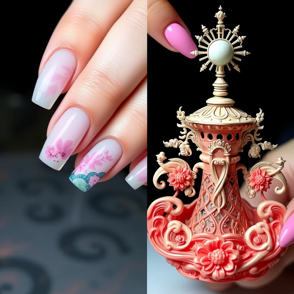 Comparison between soft Korean jelly nail art and maximalist Japanese 3D nail art.