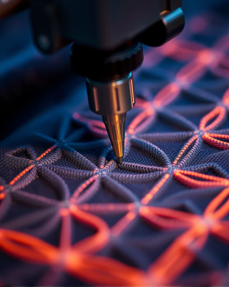 Close-up of 3D printing technology applying structural overlays onto sustainable streetwear fabric.