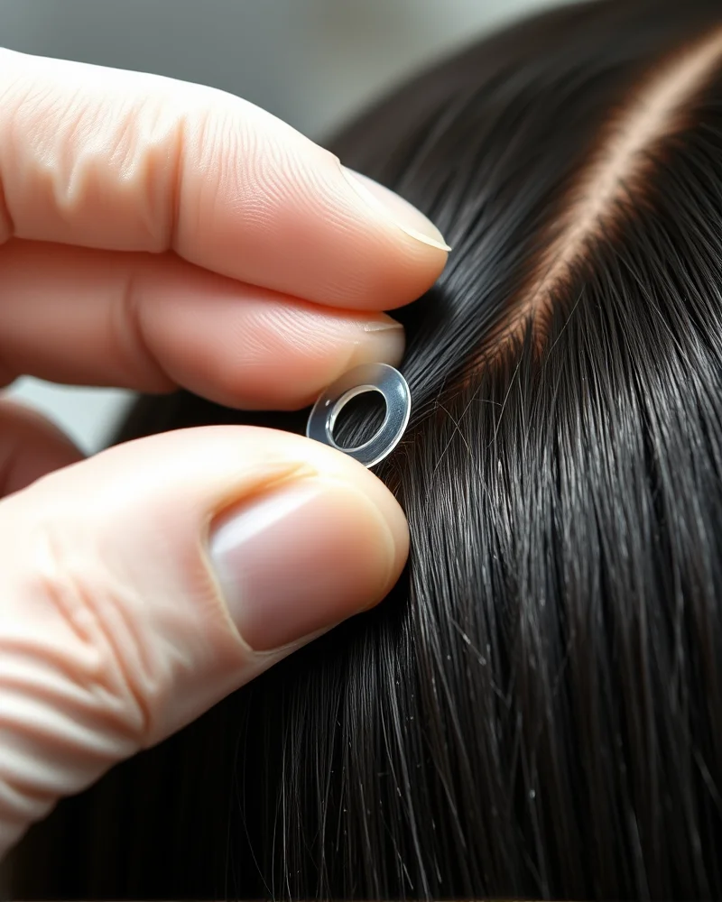 Bio-Synthetic Fusion Extensions: The 2027 Guide to Hybrid Hair Textures 3 Close-up of a professional hair stylist applying high-tech nano-ring and keratin-fusion hair extensions to a client in a modern salon.