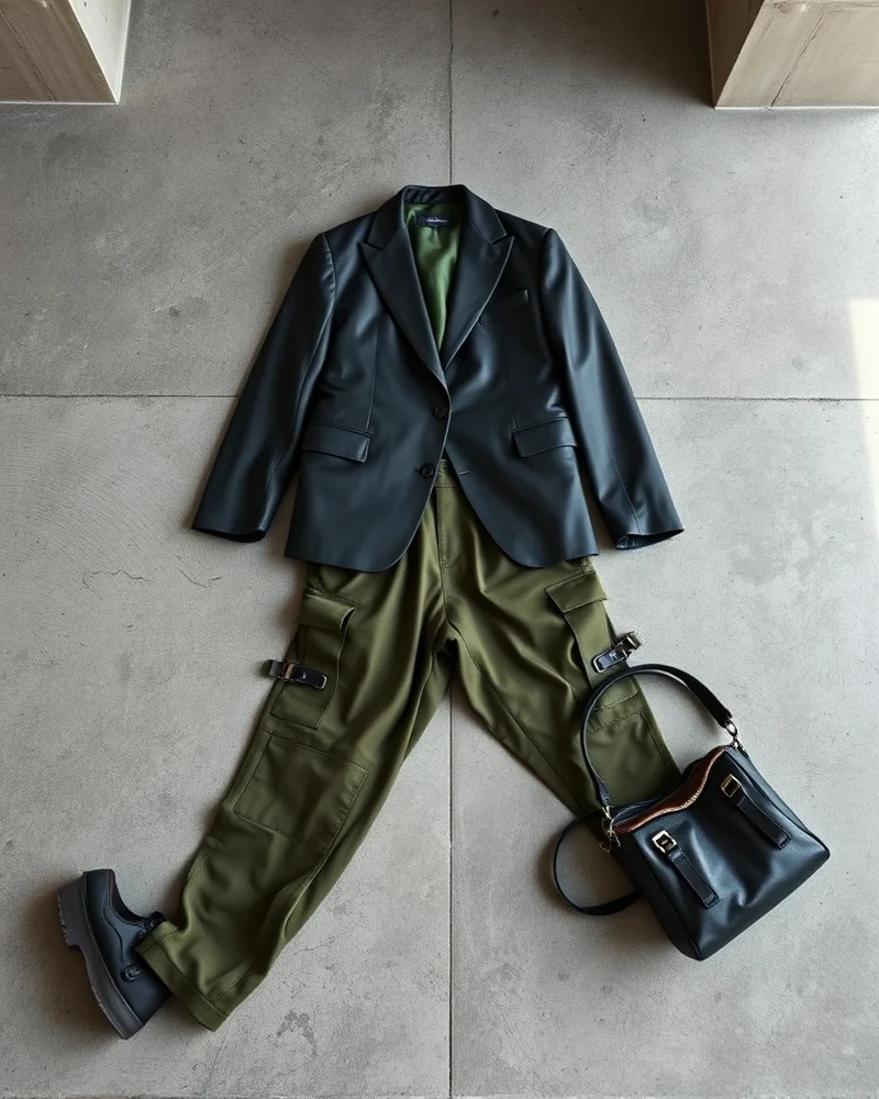Sustainable Tech-Core: How to Style Biodegradable Vegan Leather in 2027 5 A flat lay of a 2027 sustainable tech-core capsule wardrobe featuring a structured blazer, utility trousers, and a modular vegan leather carry-all on a minimalist background.