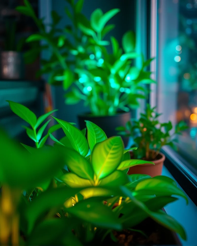 Bio-Adaptive Lighting Trends: Integrating Circadian-Sync Tech into Small Urban Gardens 6 Close-up of bioluminescent plants providing soft ambient lighting in an urban balcony garden setting.
