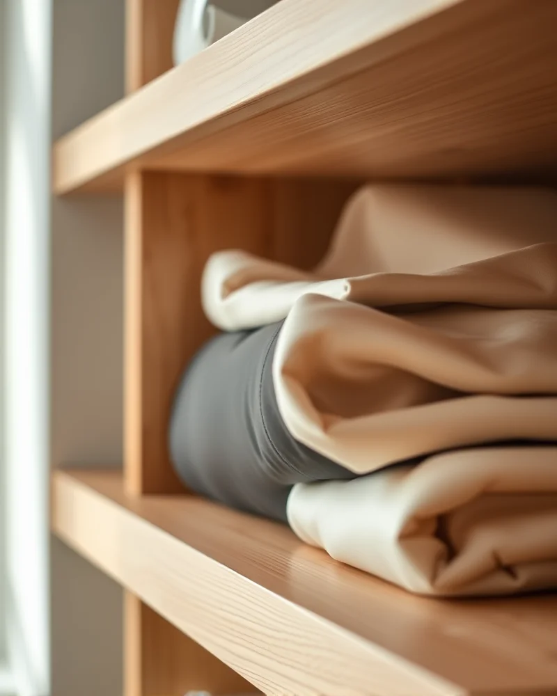 Care guide for sustainable tech-fabric clothing showing premium garments on a shelf.