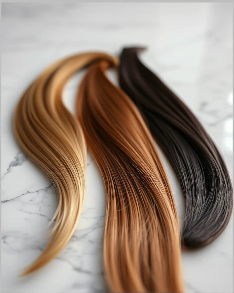 Close-up comparison of Bio-Synthetic hybrid extensions, 100% human hair, and legacy synthetic fibers showing texture and luster differences.