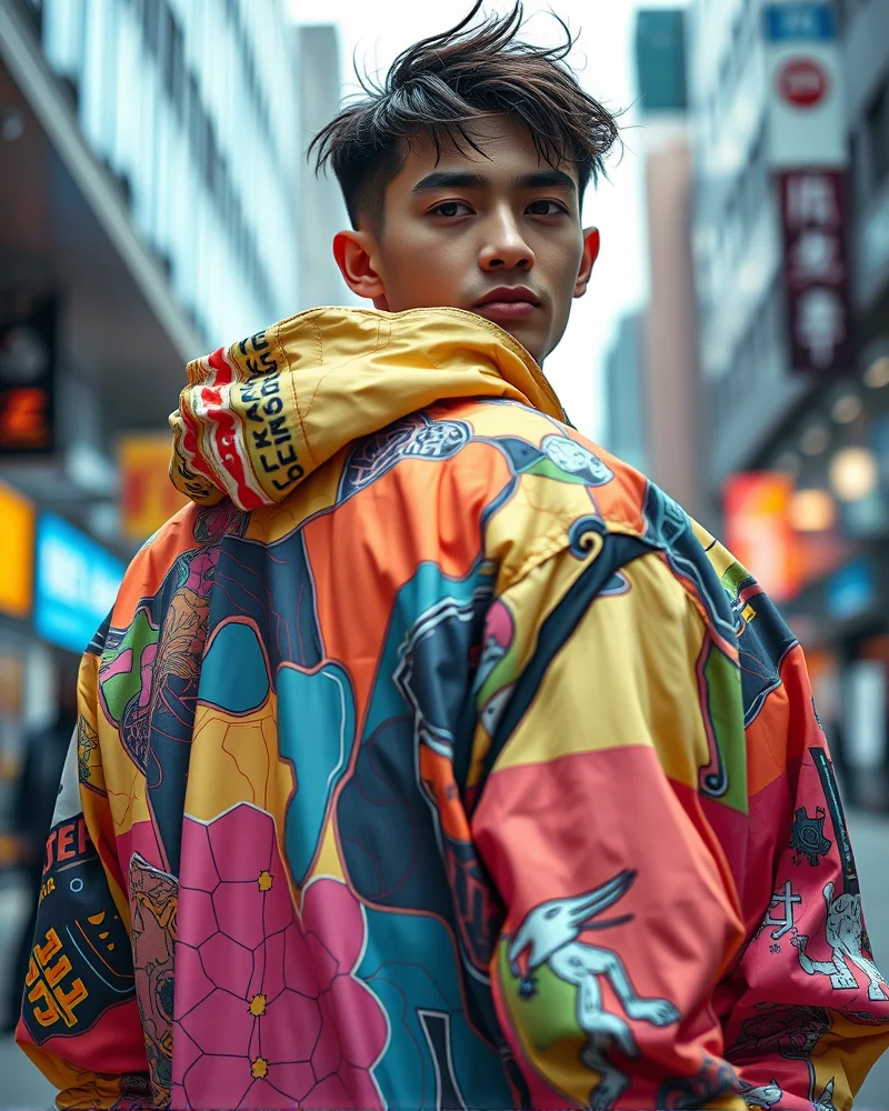 Close-up of vibrant AI-generated streetwear fabric in a 2027 urban environment.