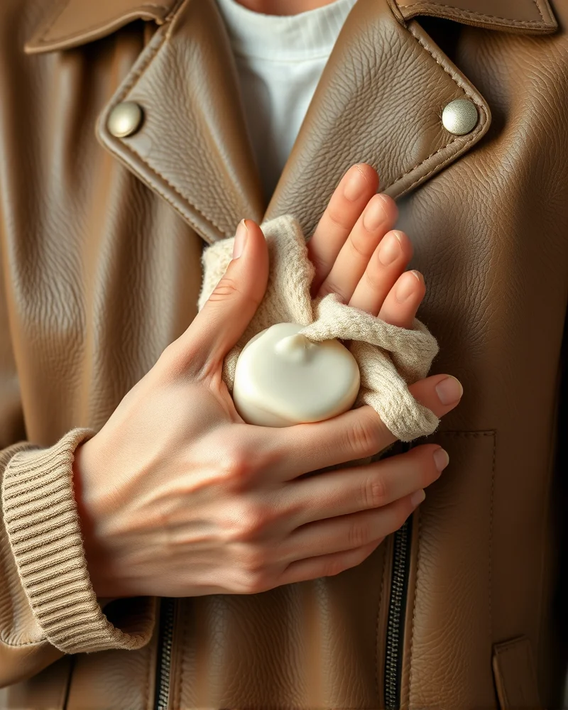 Sustainable Tech-Core: How to Style Biodegradable Vegan Leather in 2027 7 Close up of hands conditioning a biodegradable mycelium leather garment to ensure longevity and maintenance.