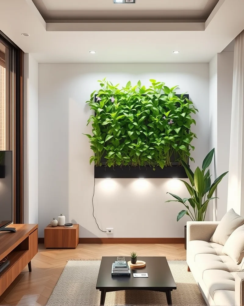 Bio-Adaptive Lighting Trends: Integrating Circadian-Sync Tech into Small Urban Gardens 4 A sleek indoor hydroponic wall planter utilizing smart, bio-adaptive LED lighting to maintain optimal plant health in an urban apartment.