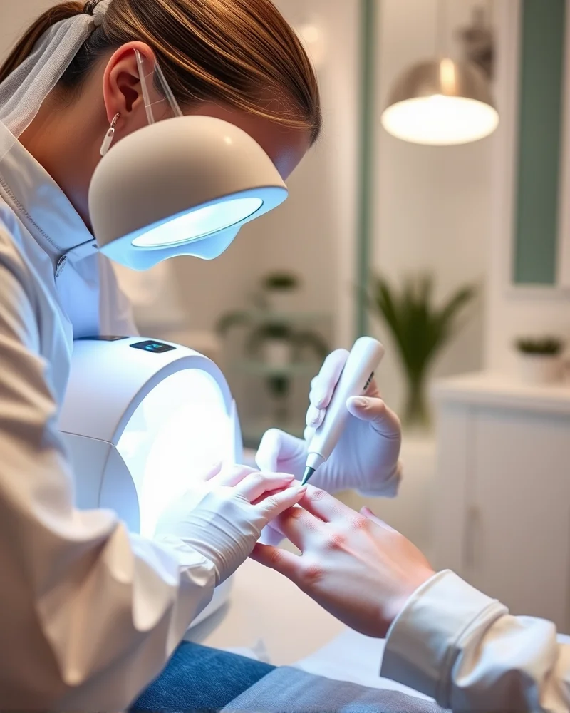 Professional nail technician applying and curing bio-adaptive pH-responsive gel polish in a modern salon.
