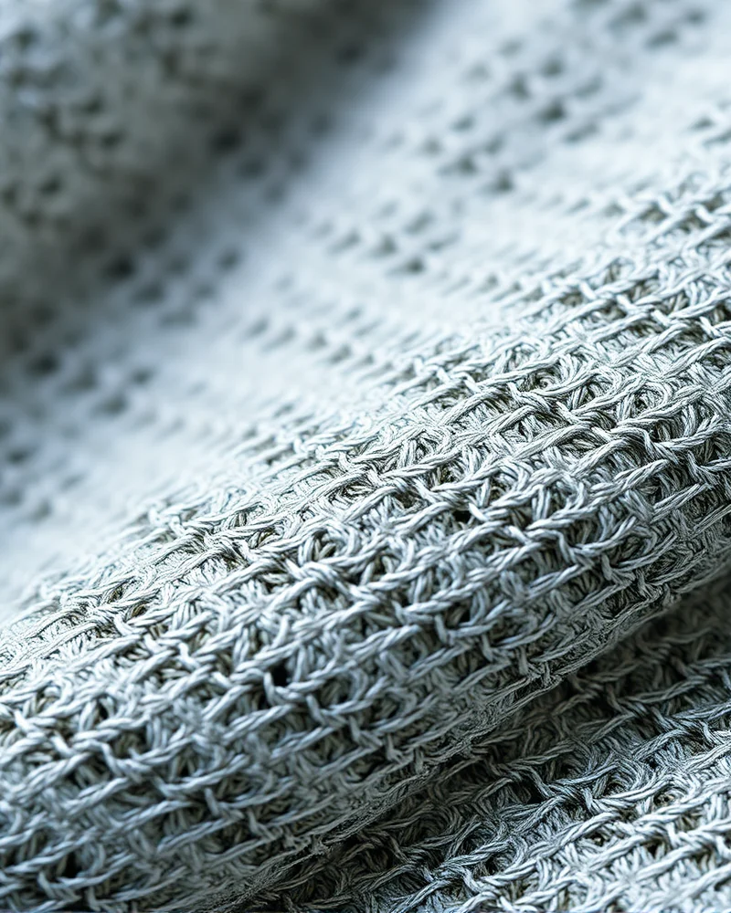 Detailed macro view of premium recycled polymer fabric weave used in high-performance athleisure.