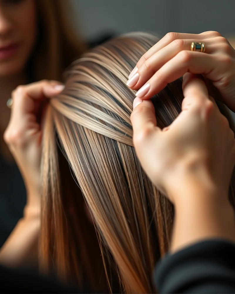 Close-up of professional nano-link hair extension application showing a seamless and weightless bond.
