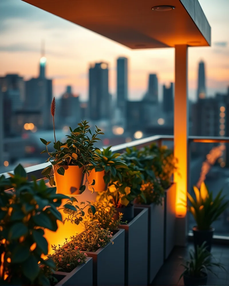 Bio-Adaptive Lighting Trends: Integrating Circadian-Sync Tech into Small Urban Gardens 3 A modern urban balcony garden during the evening, featuring smart LED lighting that creates a warm, amber glow on vertical wall planters.