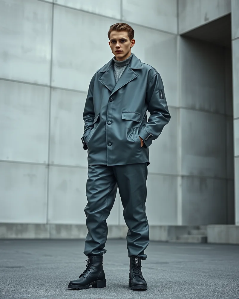 Sustainable Tech-Core: How to Style Biodegradable Vegan Leather in 2027 6 Model wearing an oversized grey sustainable vegan leather suit with industrial hardware in a minimalist architectural setting.