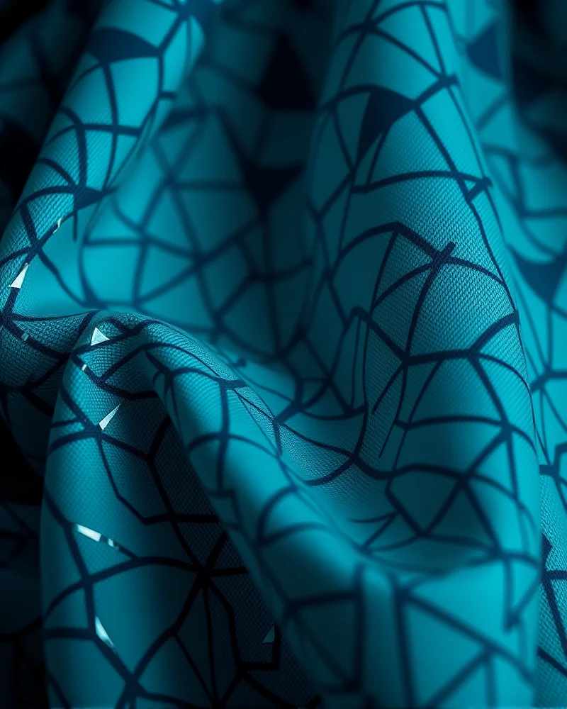 Close-up of high-tech sustainable fabric made from recycled ocean plastics with an intricate AI-generated pattern.