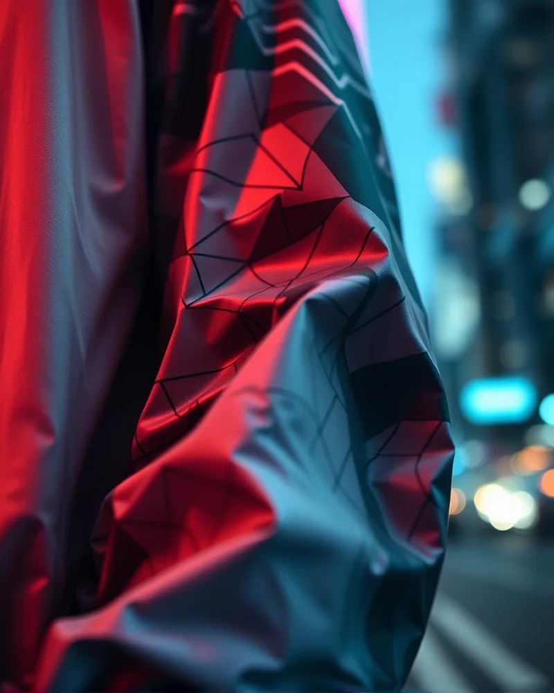 Close-up of a high-tech smart textile garment with AI-generated patterns shifting color and texture in a modern urban environment.