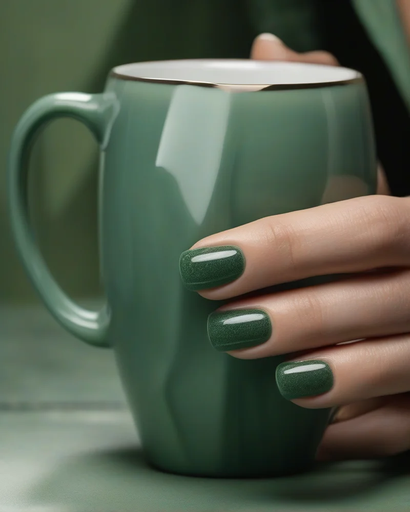 Bio-Adaptive Manicures: The Rise of pH-Responsive Gel Polishes in 2027 5 Close-up of nails with bio-adaptive gel polish showing a gradient color shift from dark forest green to light sage while holding a warm mug.