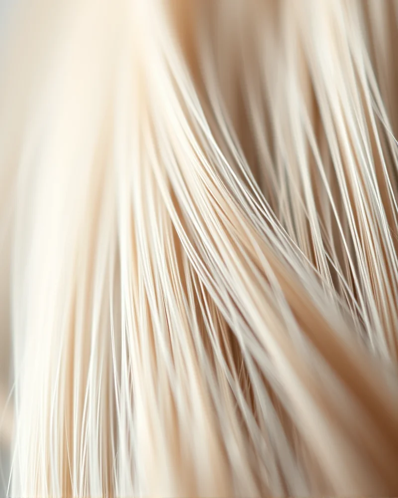 Close-up view of a bio-synthetic hair fiber showing its biomimetic cuticle structure for a natural look.