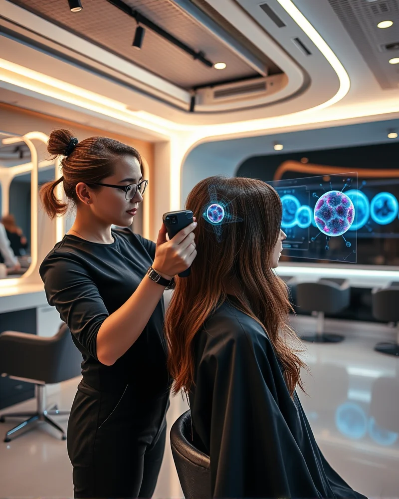 Bio-Adaptive Hair Color: The 2027 Guide to pH-Responsive Salon Treatments 6 A professional hair colorist using advanced AI-driven hair analysis technology in a modern Nailosmetic salon.