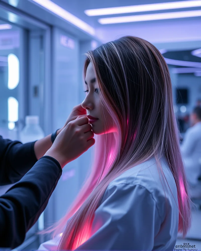 Bio-Synthetic Fusion Extensions: The 2027 Guide to Hybrid Hair Textures 6 A futuristic salon experience showing a stylist applying smart bio-synthetic hair extensions.