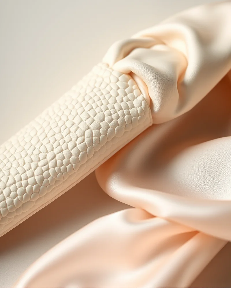 Close up detail of textured Mylo mycelium leather and smooth lab-grown silk fabric used in premium sustainable activewear accessories.