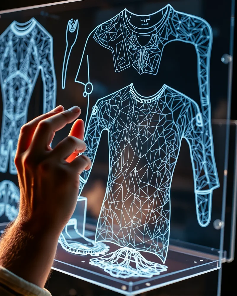 A fashion designer collaborating with a large vision model to map intricate digital prints onto a futuristic hoodie silhouette.
