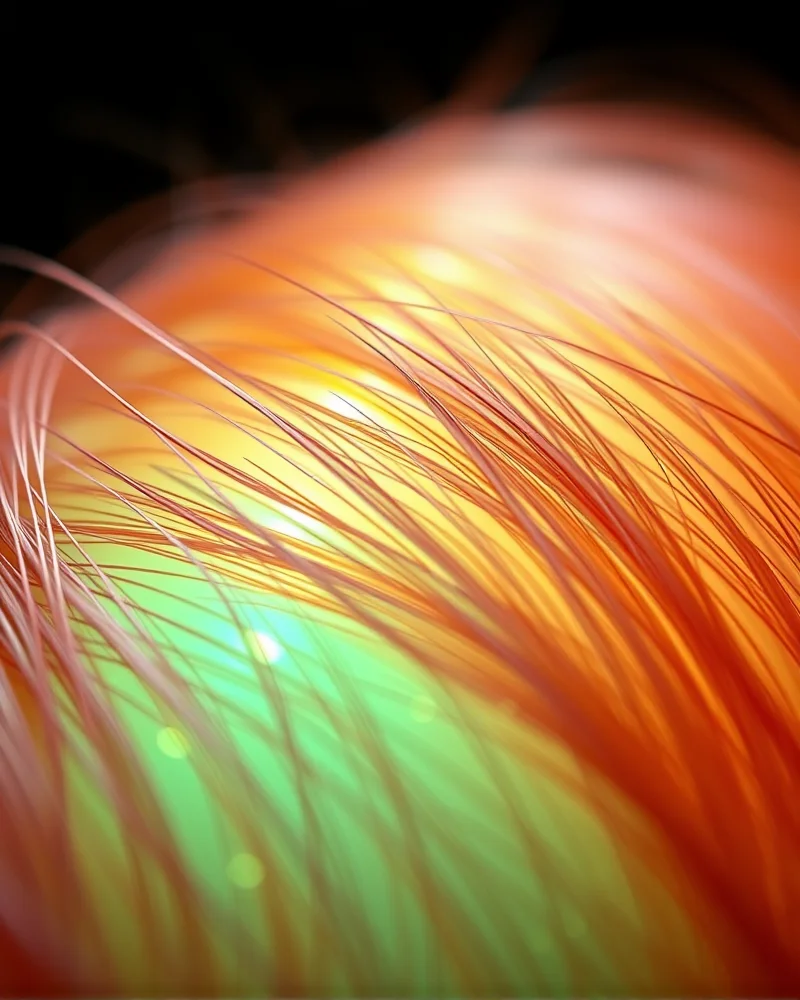 Bio-Adaptive Hair Color: The 2027 Guide to pH-Responsive Salon Treatments 2 Close up microscopic view of biomimetic polymers interacting with hair strands during a bio-adaptive color treatment.