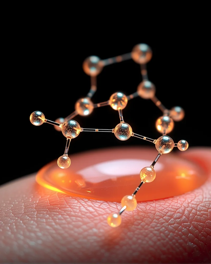 Close up visualization of bio-adaptive polymer chains reacting to environmental stimuli on a nail surface.