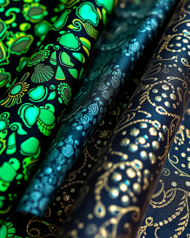 A collection of 2027 high-fashion fabrics displaying intricate, AI-generated fractal patterns and organic biomimetic prints.