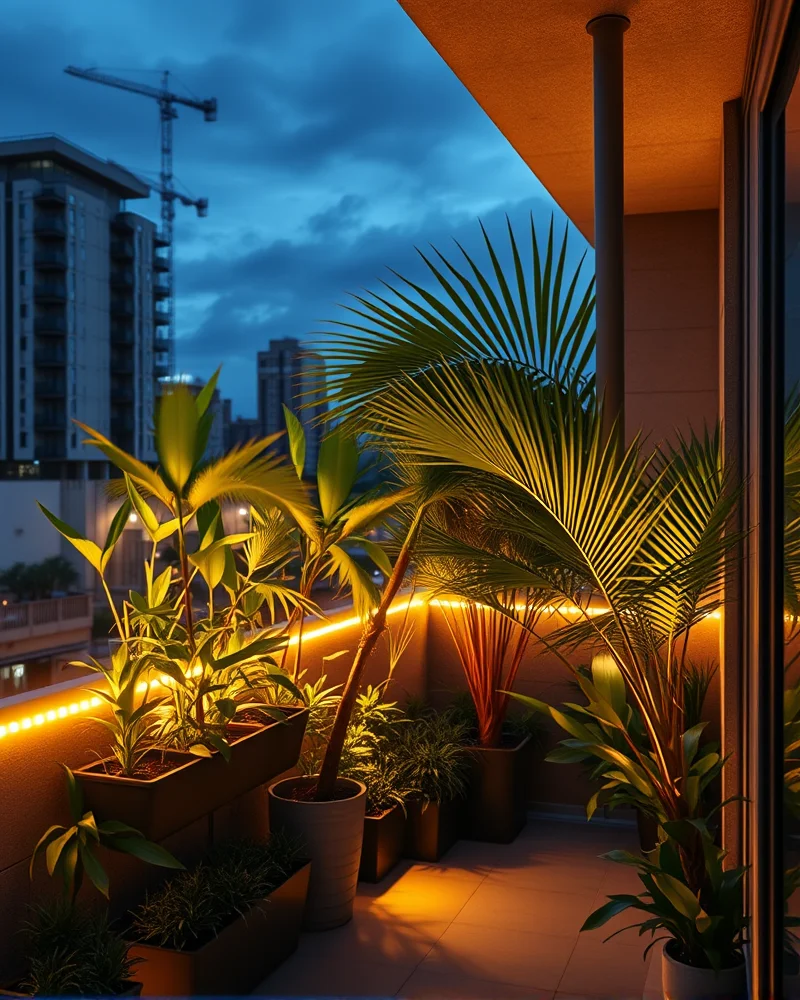 Bio-Adaptive Lighting Trends: Integrating Circadian-Sync Tech into Small Urban Gardens 5 A small urban balcony garden illuminated at night with a layered lighting scheme featuring spotlights on plants, ambient LED strips for depth, and warm focus lighting.