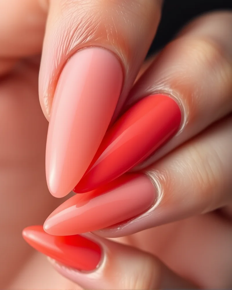 A close-up shot of nails showcasing a color-shifting bio-adaptive gel manicure transitioning from neutral peach to vibrant coral while holding a warm mug.