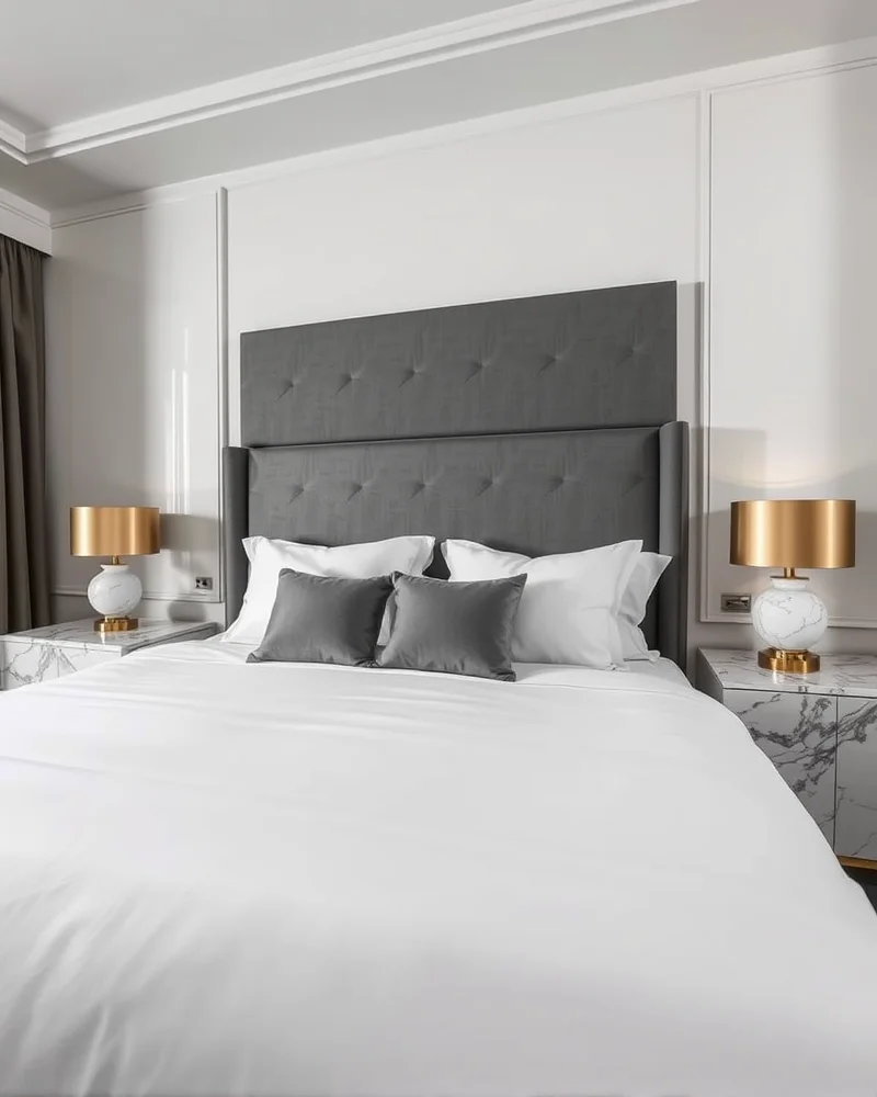 7 Dreamy Newlywed Bedroom Styling Hacks for a Romantic Sanctuary 2 A luxurious, hotel-inspired bedroom with crisp white linens, high-end marble side tables, and sophisticated gold accent lighting.