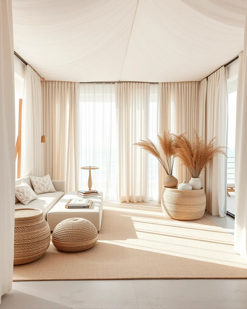7 Viral Beach Hacks Kids Need for a Stress-Free Summer 2 A serene cabana interior with light curtains and raffia storage baskets, styled with an airy, coastal aesthetic.