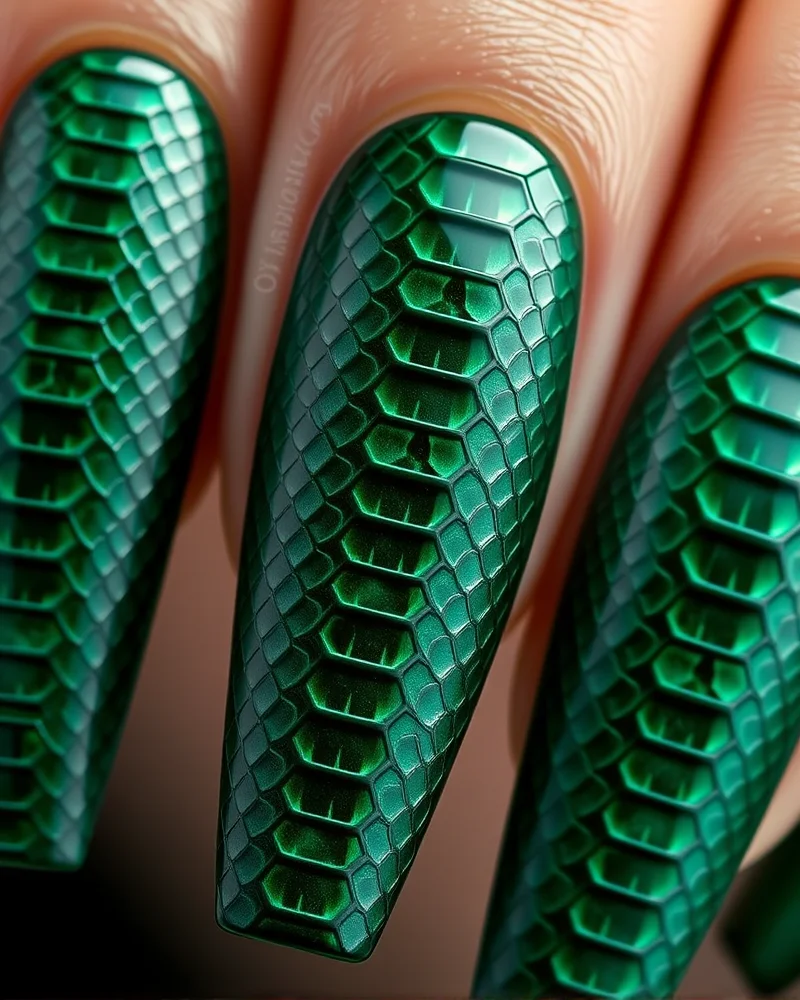 7 Sizzling Snake Nail Designs That Are Taking Over Your Feed 2 Close-up of coffin-shaped nails with deep green, embossed 3D snake skin texture that looks realistic and luxurious.