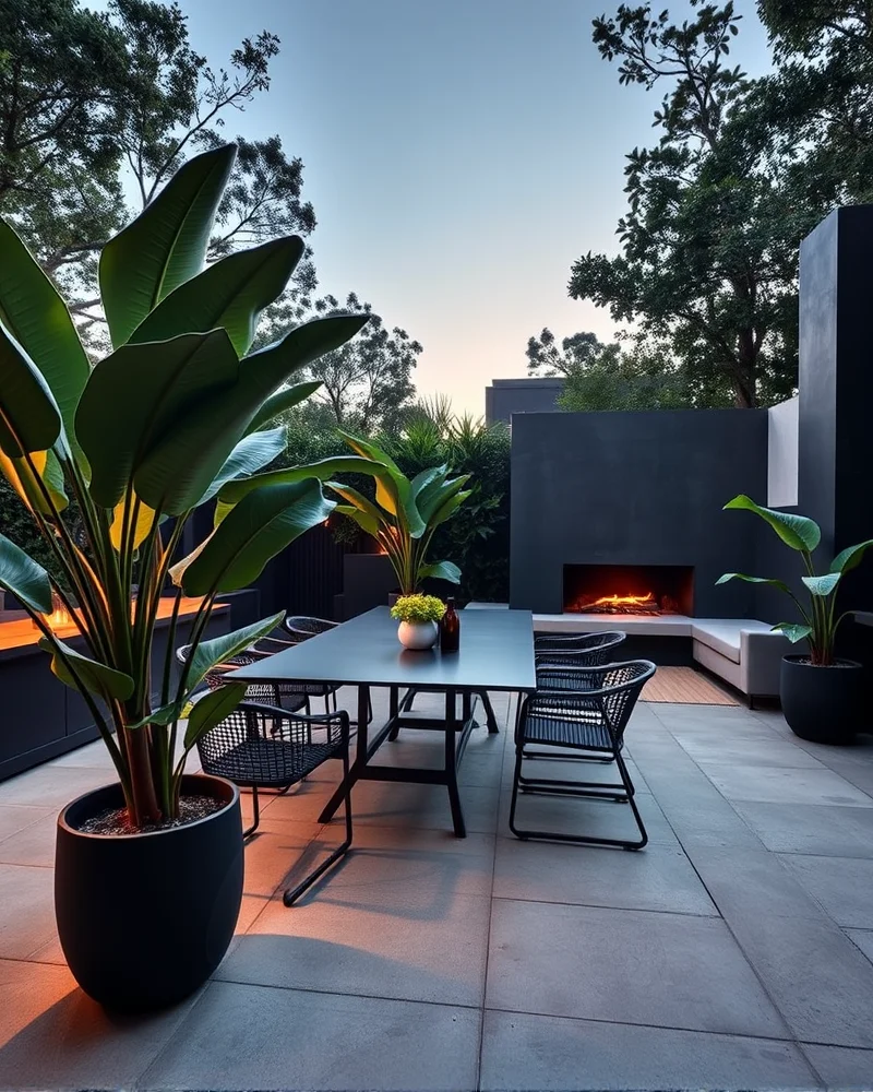 7 Viral Outdoor Dining Area Ideas to Elevate Your Backyard Oasis 2 A minimalist and sleek outdoor dining area featuring dark metal furniture on a concrete patio, framed by lush tropical plants and soft ambient lighting.