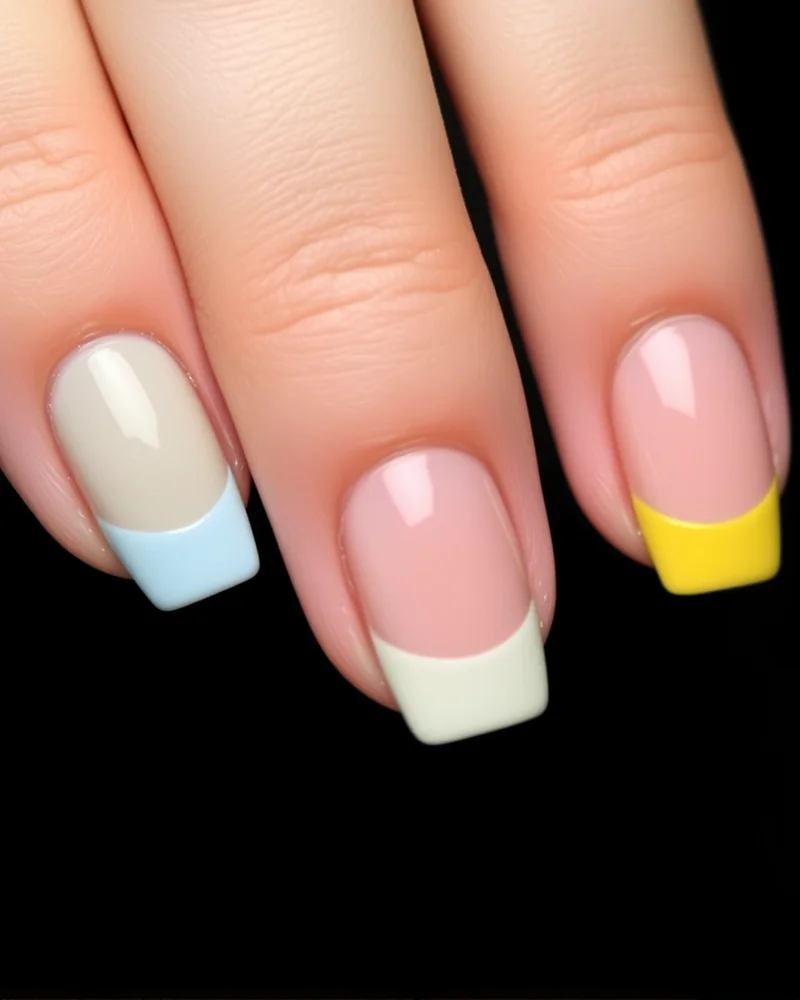 A close-up shot of short, square nails with multi-colored pastel tips in mint, peach, blue, and yellow, set against a blurred floral background.