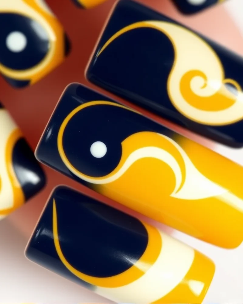 7 Viral Pucci Nails Trends You Need To Try This Season 2 A set of square nails featuring geometric swirling patterns in navy, mustard, and white, demonstrating the classic Pucci design style.