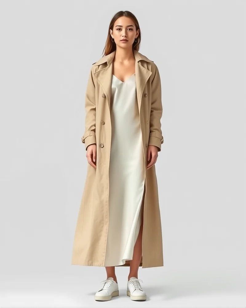 A woman wearing a classic beige trench coat over a silk slip dress, paired with clean white sneakers in an urban setting.